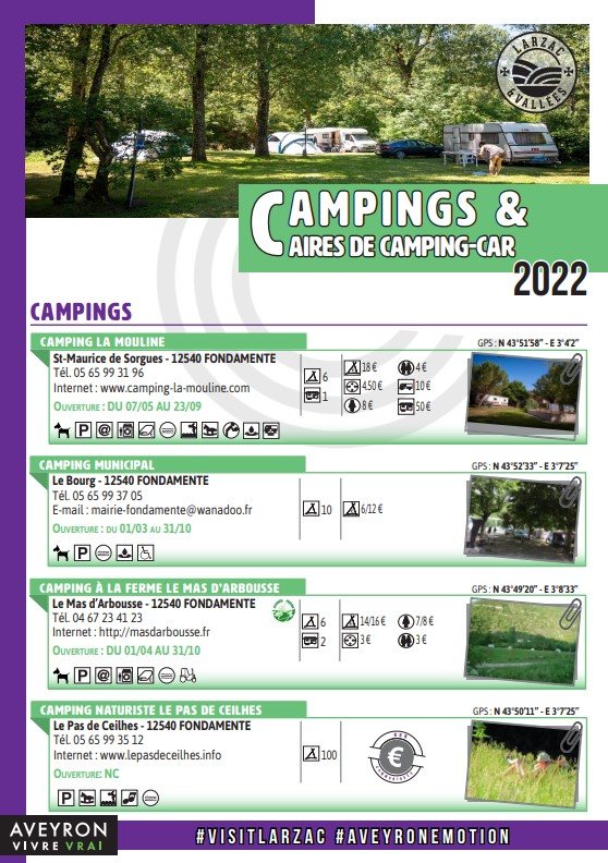Brochure Campings - Aire de Camping-car, OFFICE DE TOURISME LARZAC VALLEES