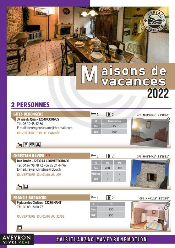 Brochure Maisons de vacances à louer, OFFICE DE TOURISME LARZAC VALLEES