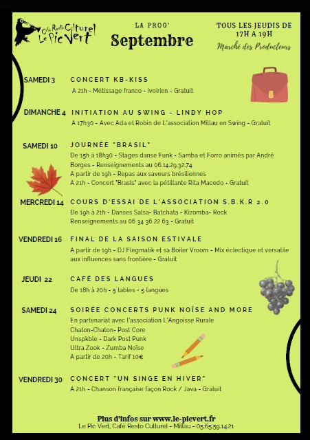 Les concerts et spectacles du Pic Vert - café restaurant culturel - en septembre